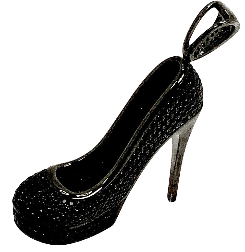 Black Stiletto High Heel Shoe Charm Paved CZ Rhinestones 925 Sterling Silver